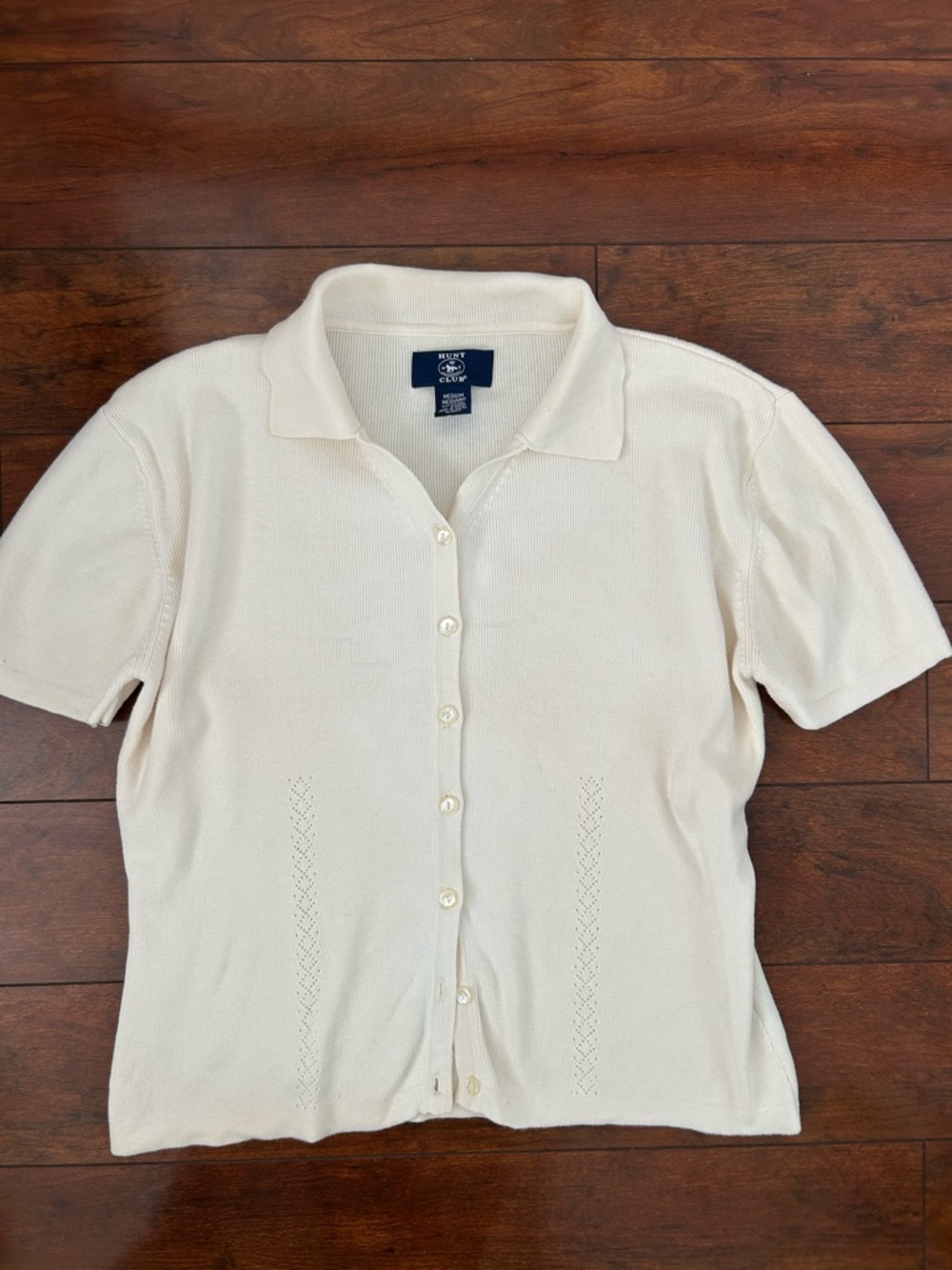 Cream Knit Button Front Collared Cardigan Short Sleeve Preppy Top Medium